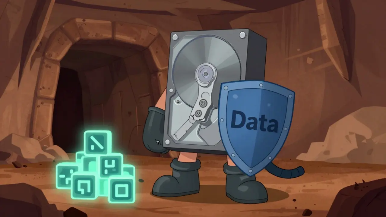 Personified rugged hard drive character guarding data in a stylized mine tunnel.