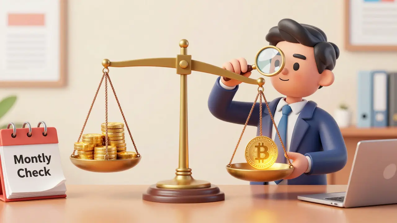 Retro animation of an investor carefully balancing crypto and stocks on a scale