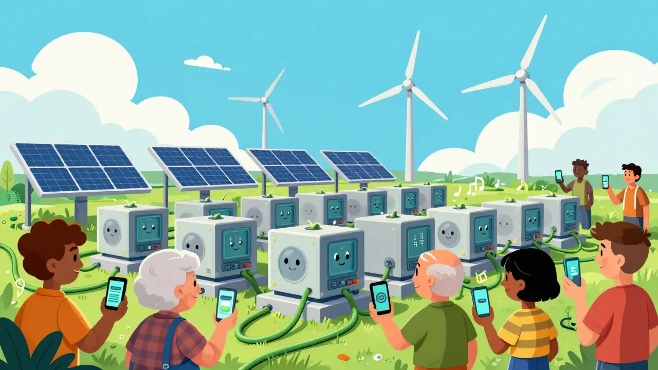 Retro-futuristic solar-powered crypto mining farm with happy cartoon citizens
