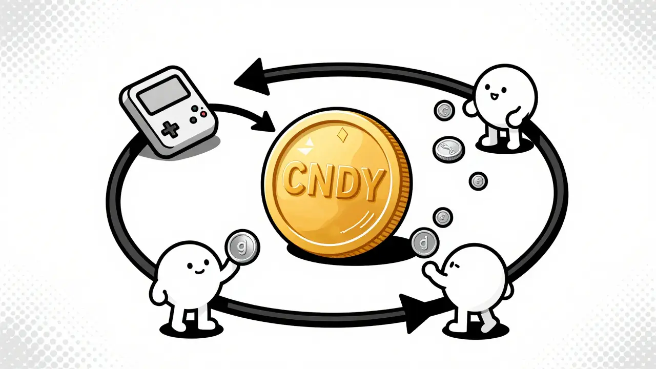 Retro illustration of a circular economy loop with tokens and a gaming device.