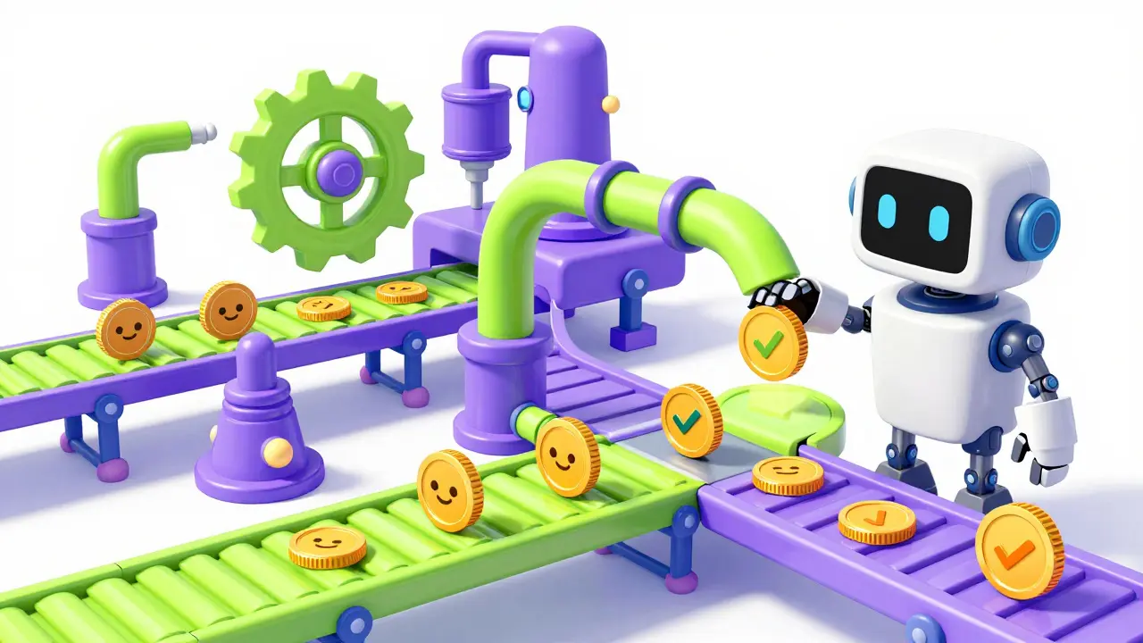 Retro mechanical factory processing fast-moving coins on neon conveyor belts