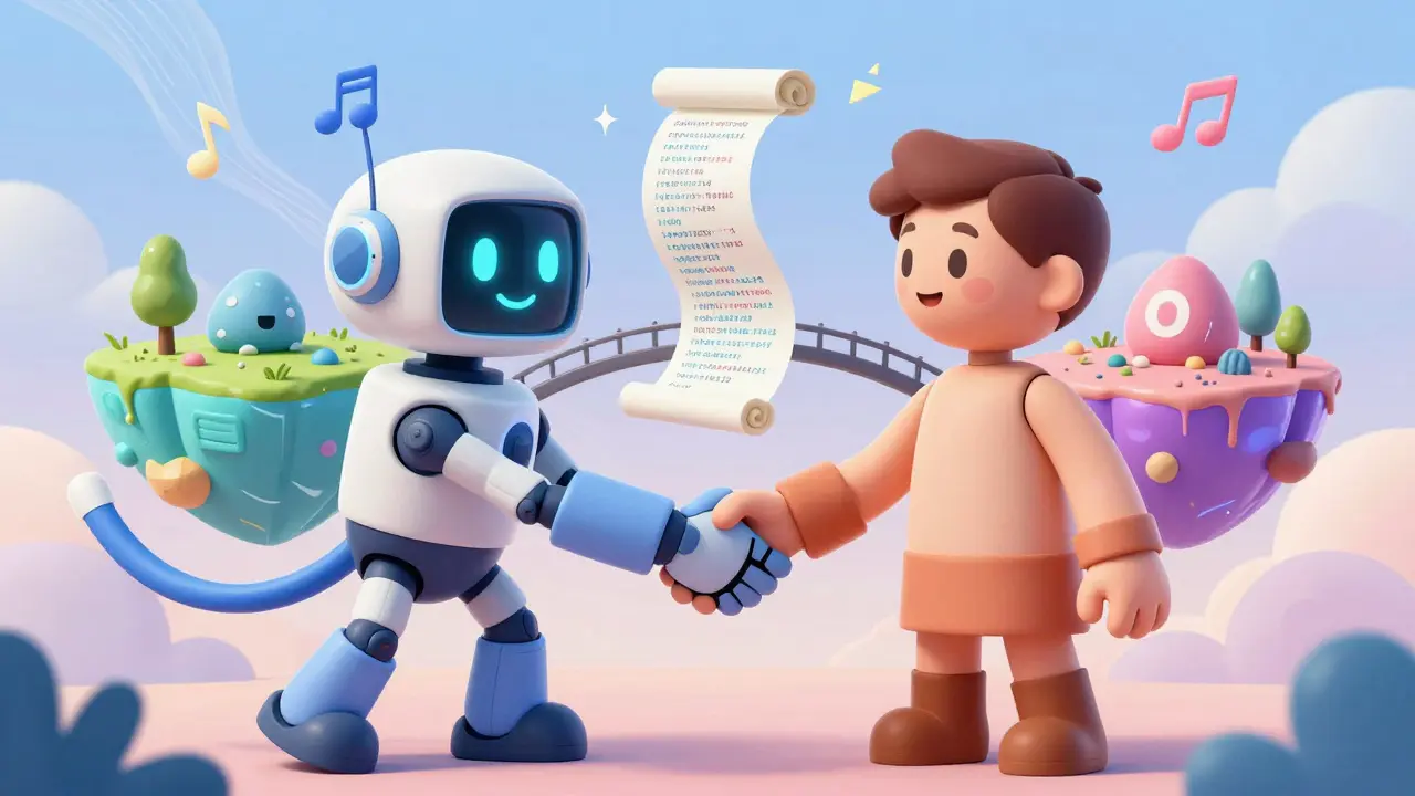 Robot and human shaking hands over a blockchain bridge