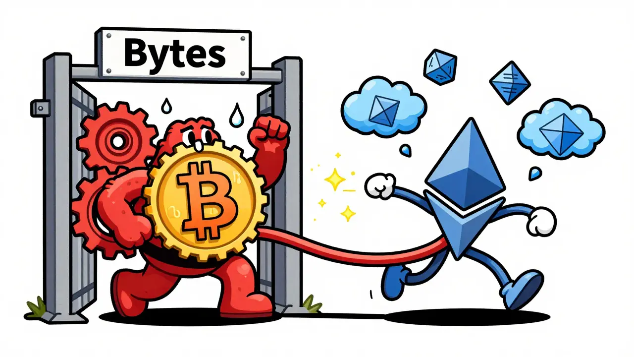 Rubber hose style comparison of bulky Bitcoin vs gassy Ethereum mechanics