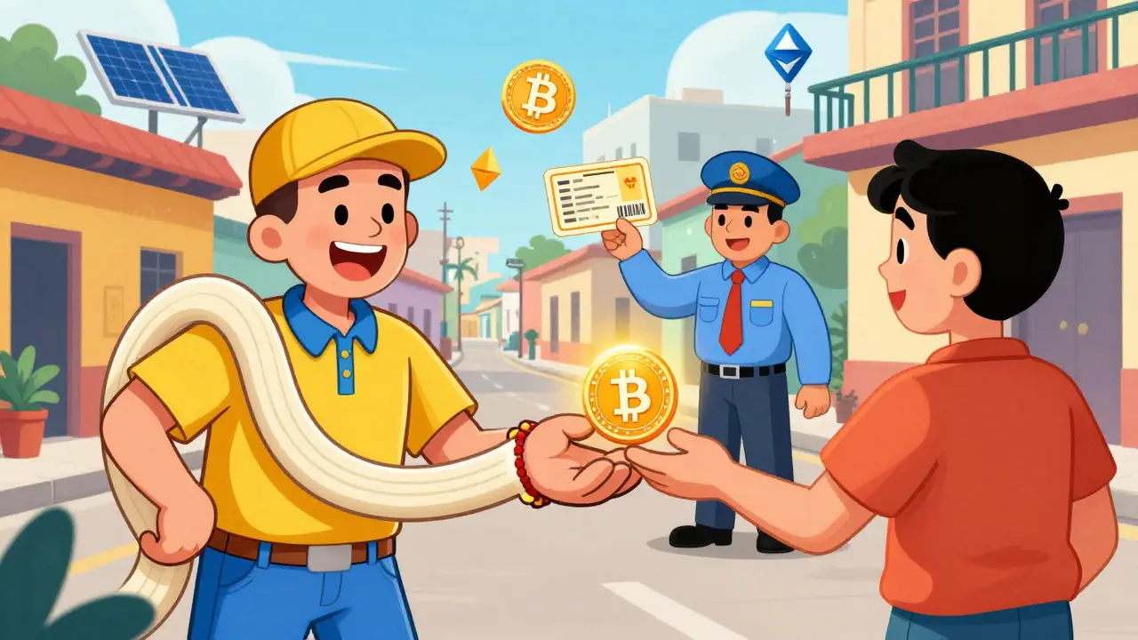 Rubber hose style vendor accepting crypto payment in colorful Havana street