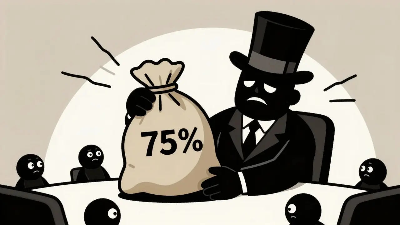 Shadowy figure holding profits in vintage cartoon style