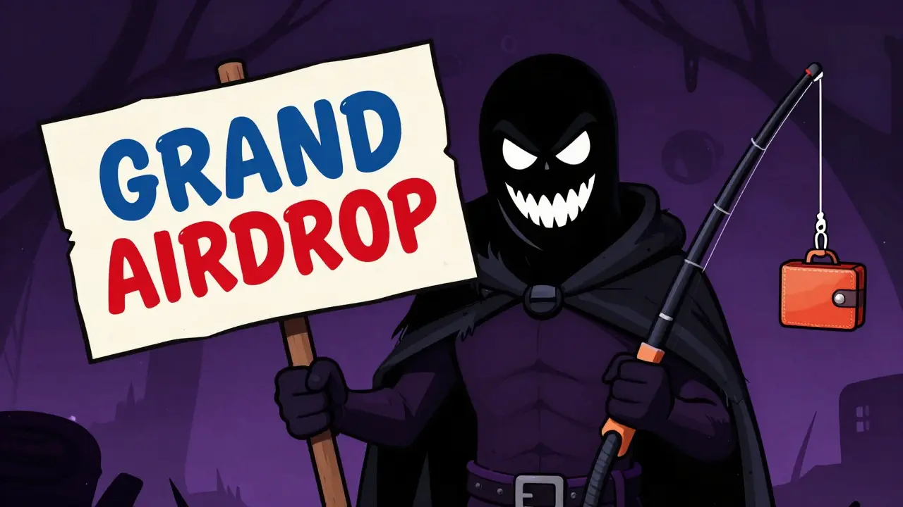 Sinister cartoon villain holding a fake 'Grand Airdrop' sign, warning of scams.