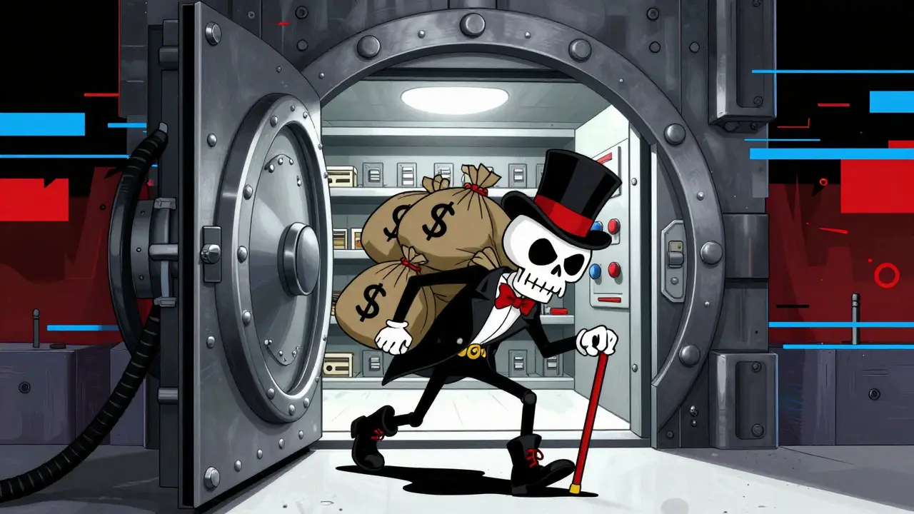 Skeleton thief stealing bags from an open digital vault in retro style