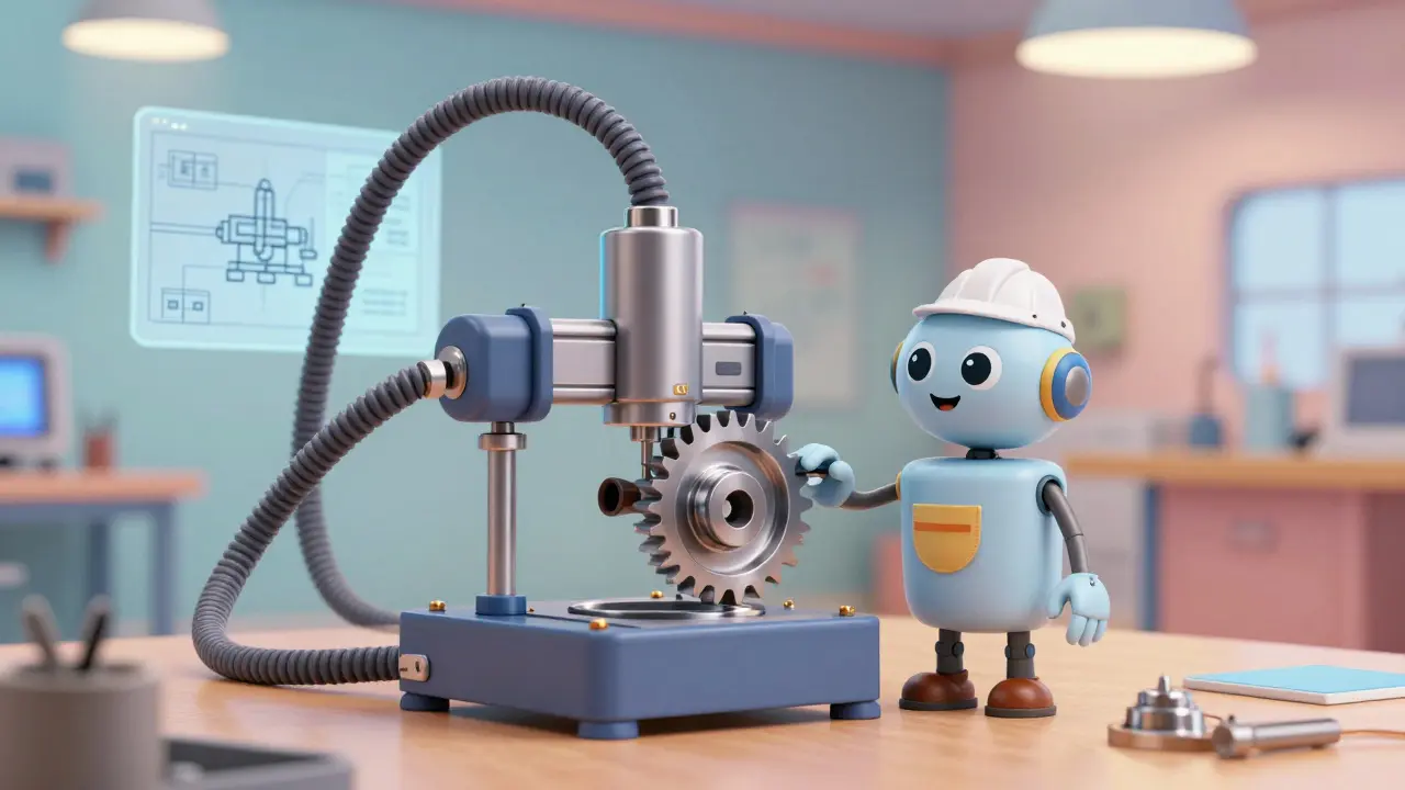 Smiling 3D printer robot creating a metal part in a whimsical workshop setting.