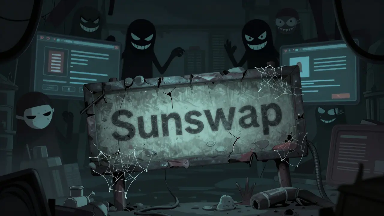 Spooky abandoned exchange sign with shadowy scammer figures lurking