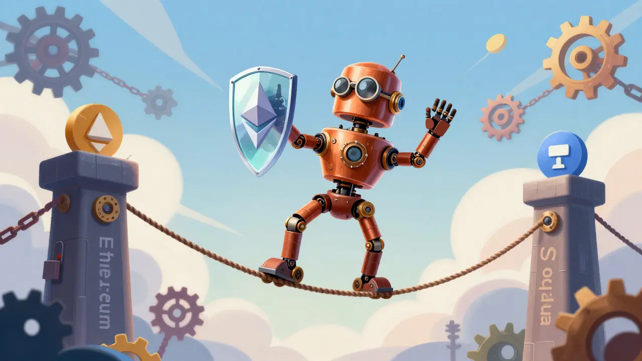 Steampunk robot balancing on a tightrope between crypto networks