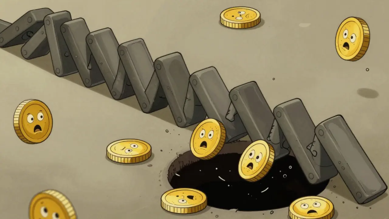 Stylized coins tumbling down in a domino effect spiral, illustrating cascade liquidations.