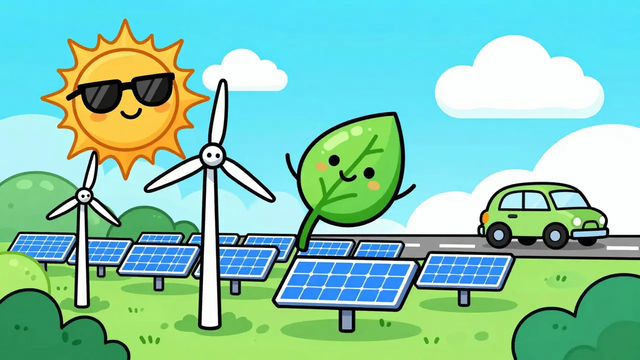 Sun and wind turbines powering green crypto