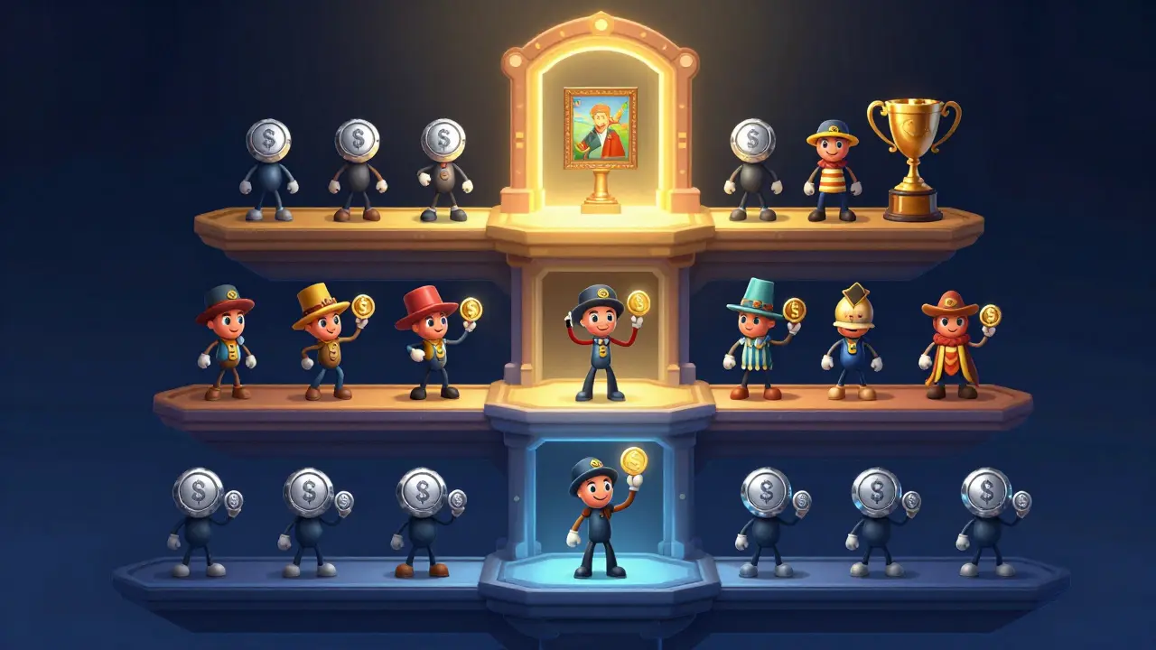 Tiered platforms showing characters accessing rewards via social tokens