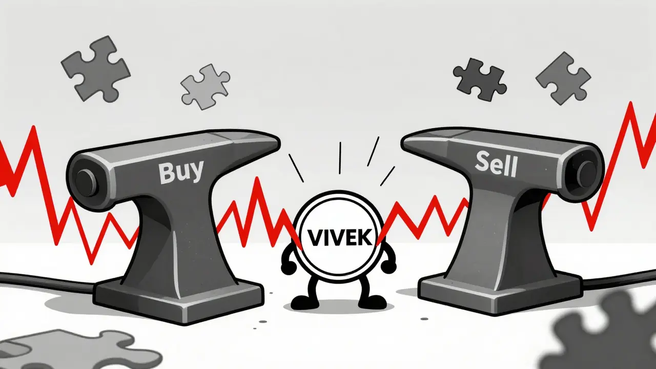 Token character squeezed by buy/sell anvils showing market volatility