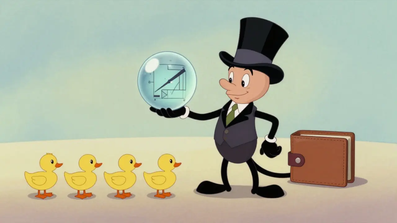 Top-hat guide character showing strategies to followers in a crystal ball.