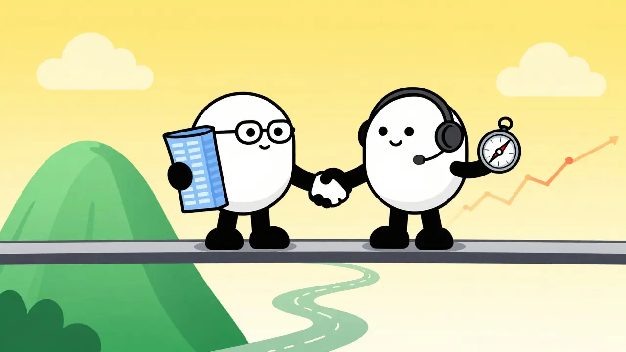 Two cartoon investors shaking hands on a bridge combining analysis styles.