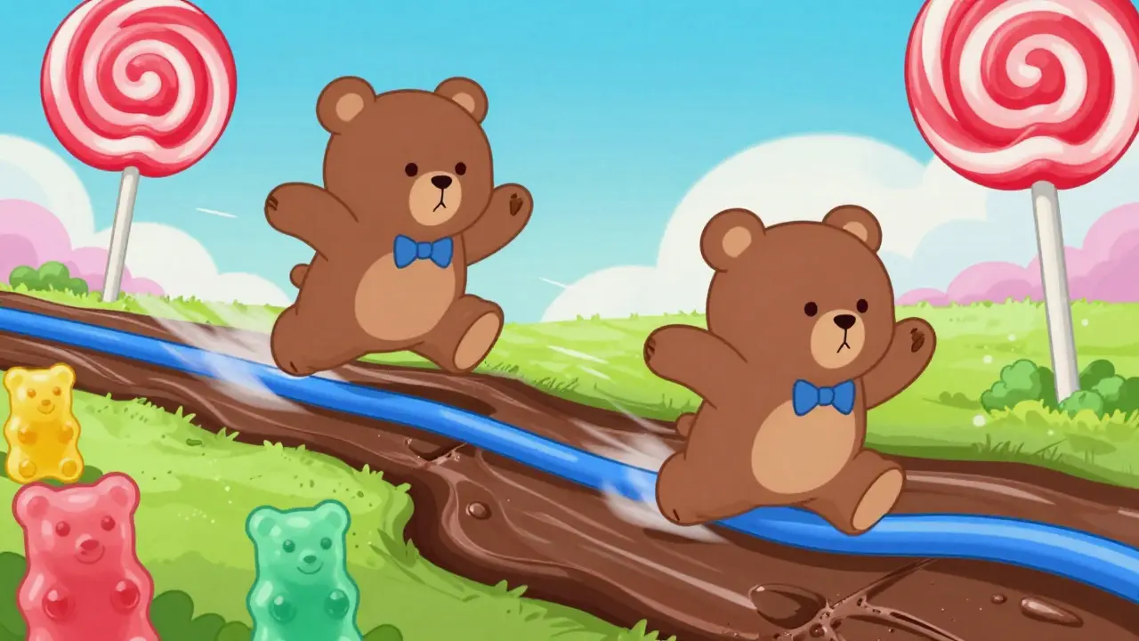 Two retro-style animated bears running through a surreal candy-themed landscape.