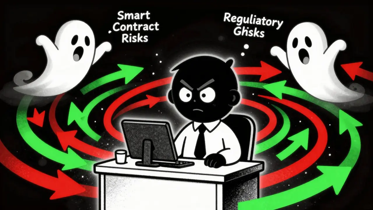 Vintage animated trader facing chaotic market arrows and risk ghosts.