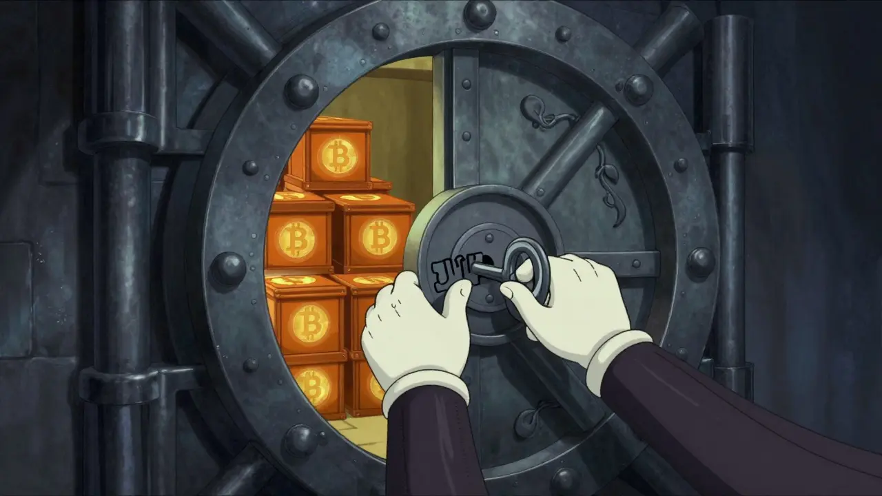 Vintage animated vault door locking away Bitcoin assets securely