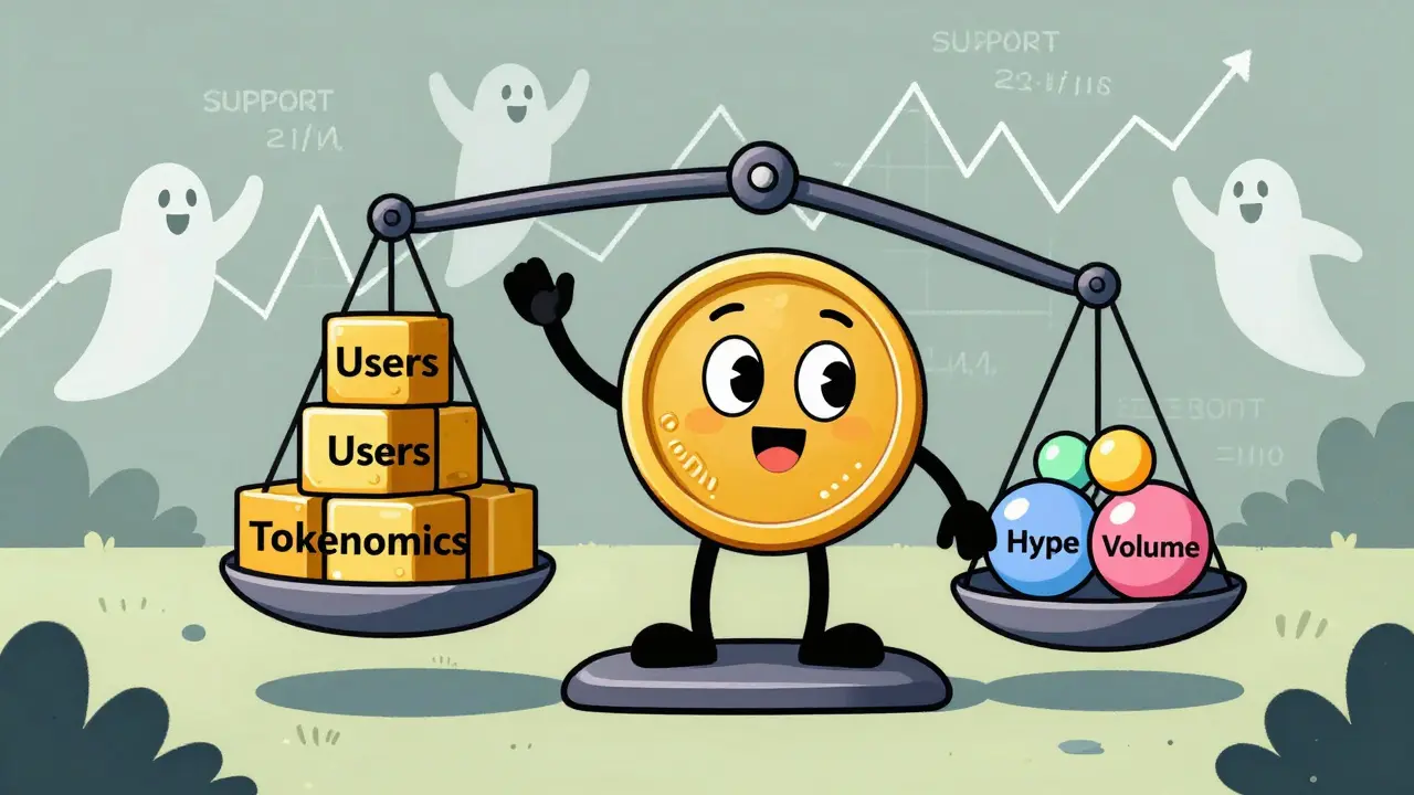Vintage animation style art showing value vs hype on a balance scale.