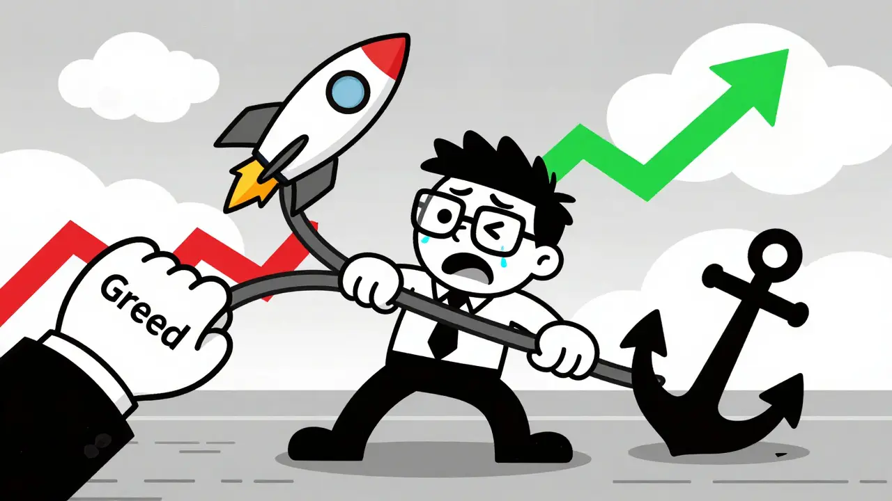 Vintage cartoon investor struggling between greed and fear in a volatile market