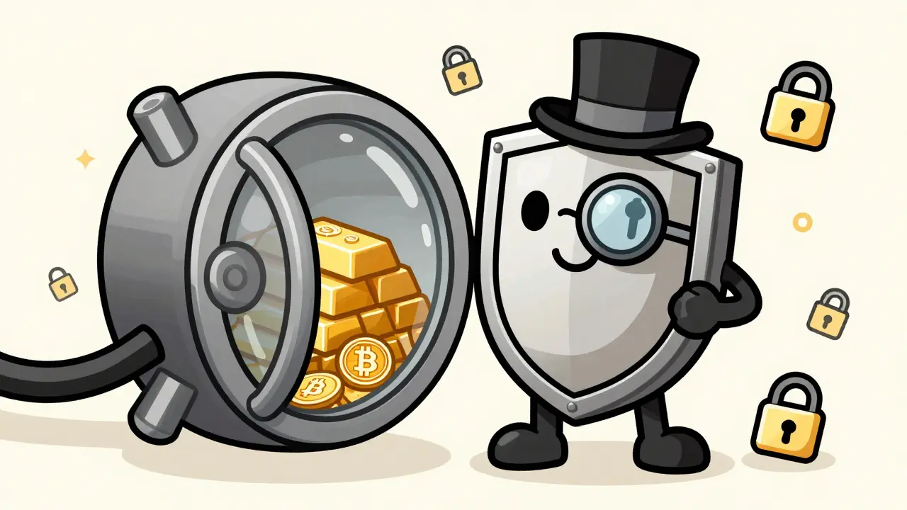 Vintage shield character guarding a vault of crypto assets