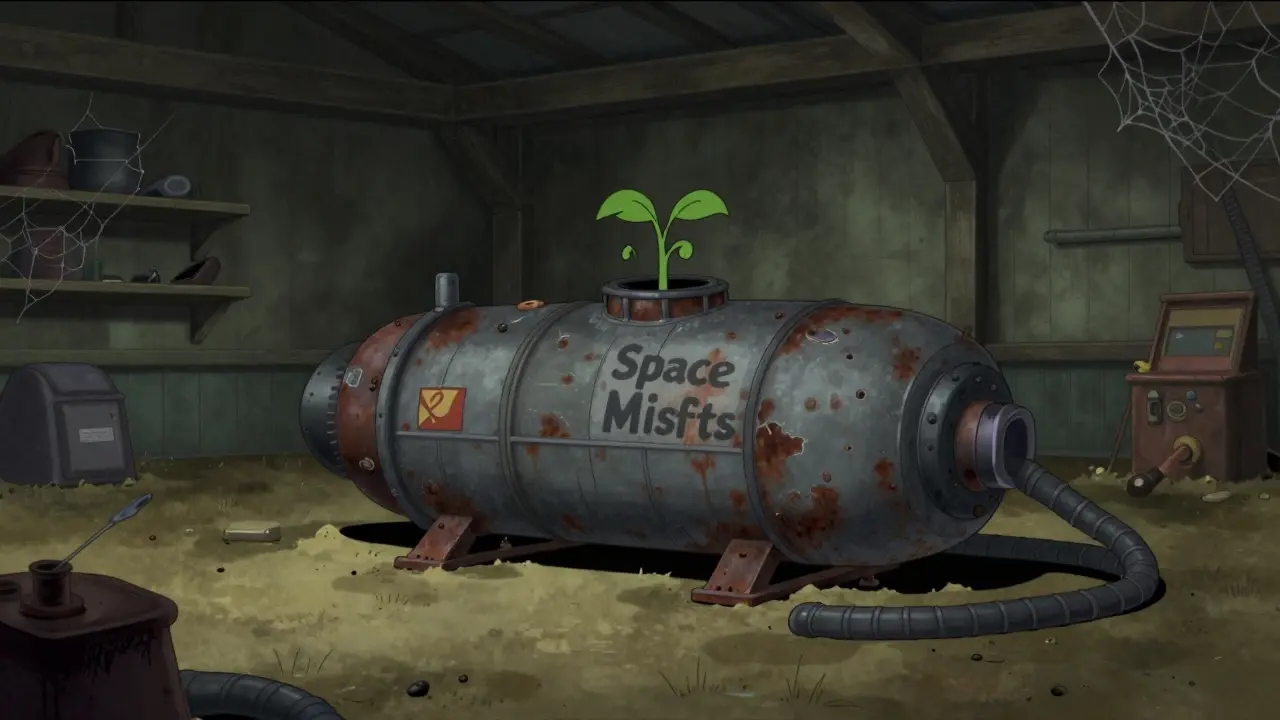 Abandoned rusty spaceship in a dusty hangar