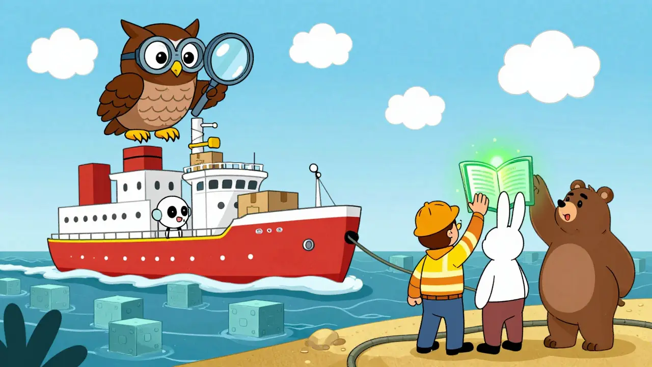AI owl managing a retro supply chain with smiling workers