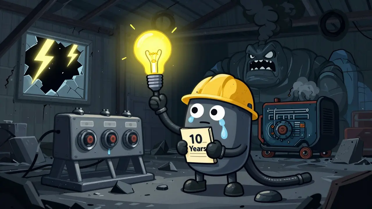 Animated miner rig struggling with power outages and backup generators