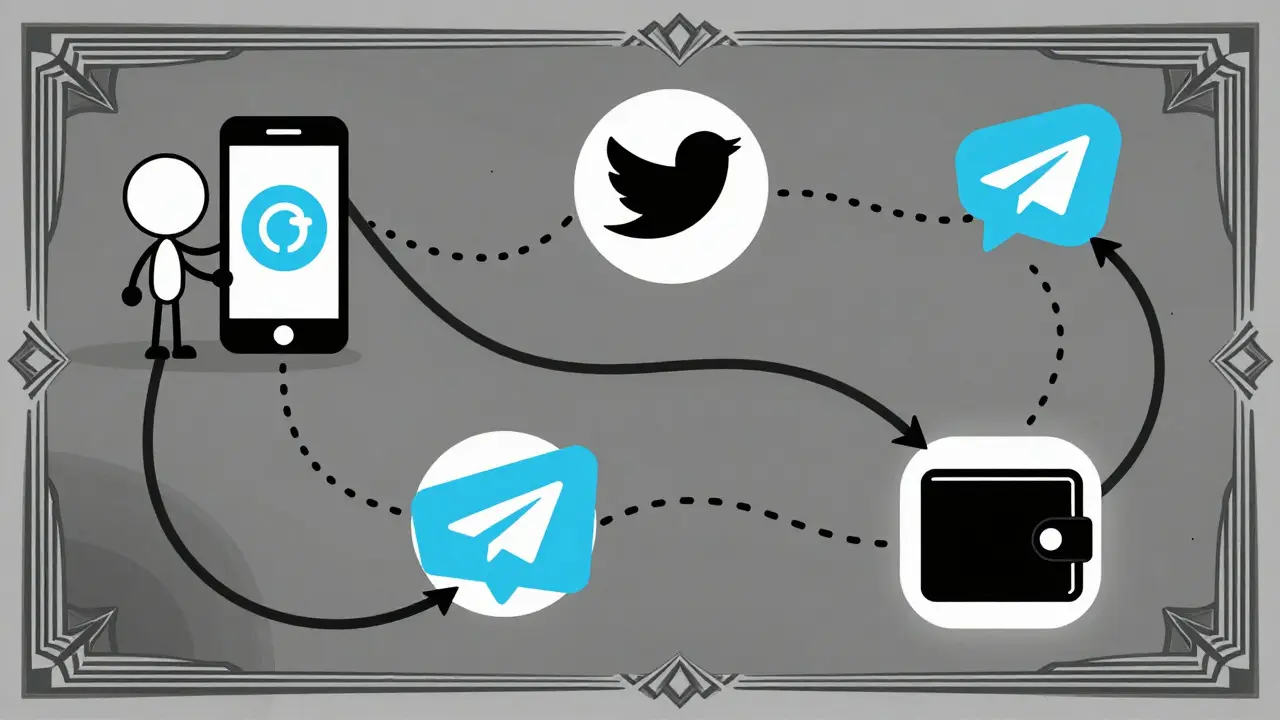 Animated quest map showing app download and social media task icons.