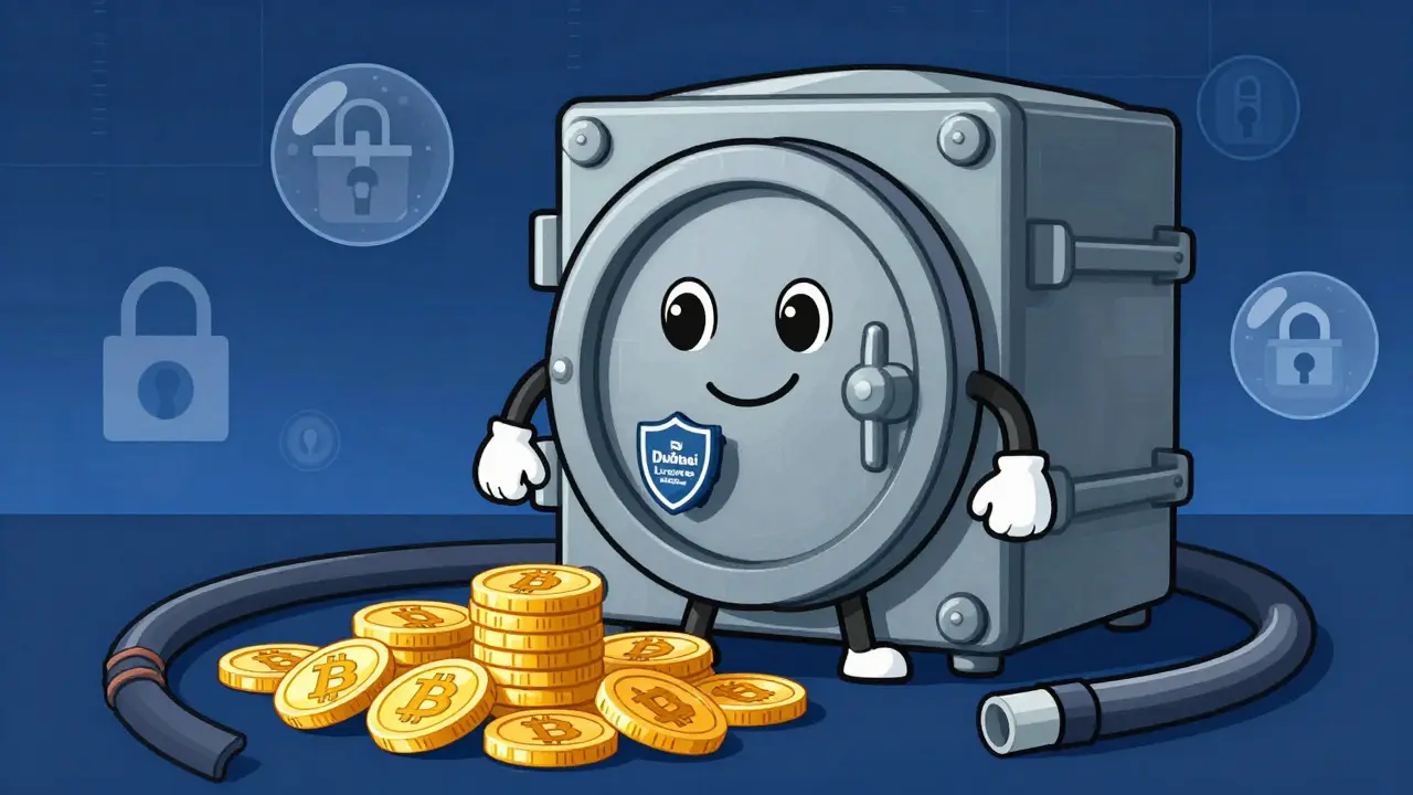 Anthropomorphic bank vault guarding crypto coins in cartoon style