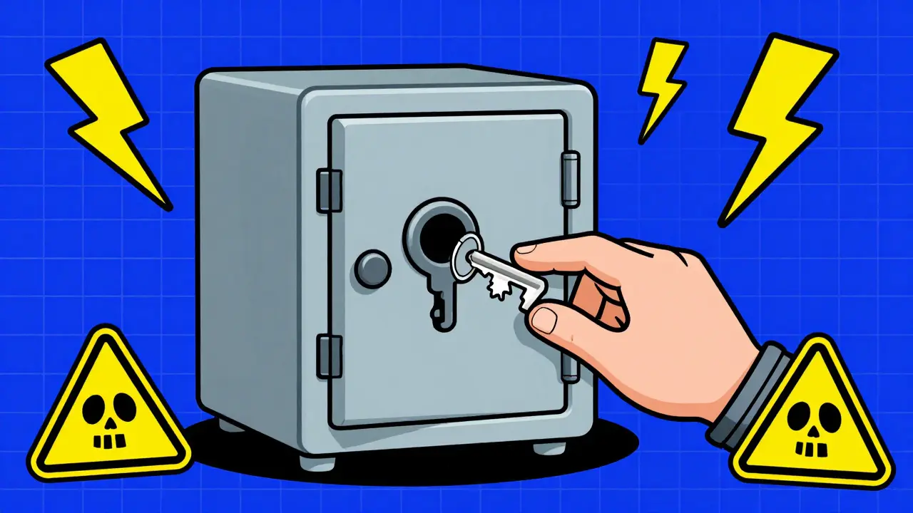 Broken key trying to open a cartoon safe with warning signs around it