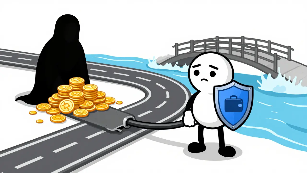 Cartoon character choosing between risky scam path and safe investment bridge