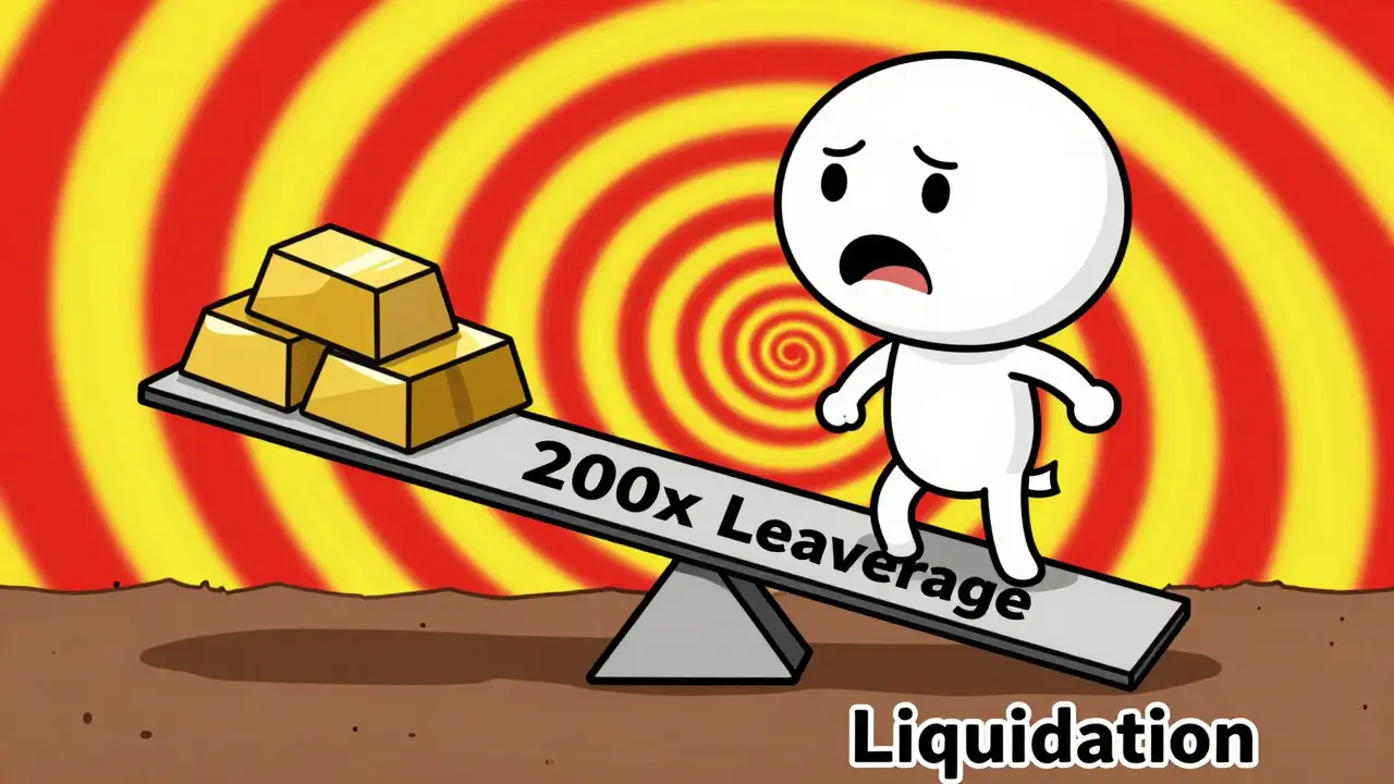 Cartoon character on risky 200x leverage seesaw