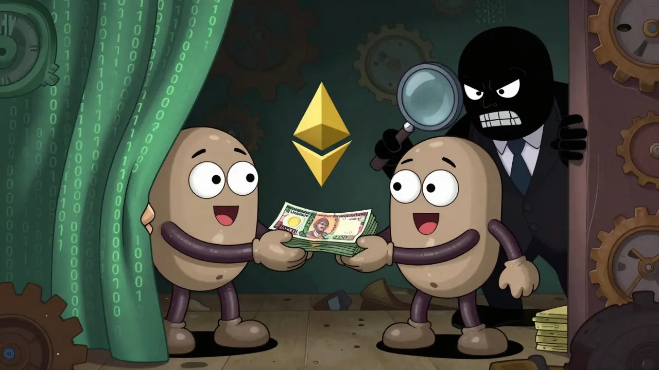Cartoon characters secretly trading cash for crypto coins
