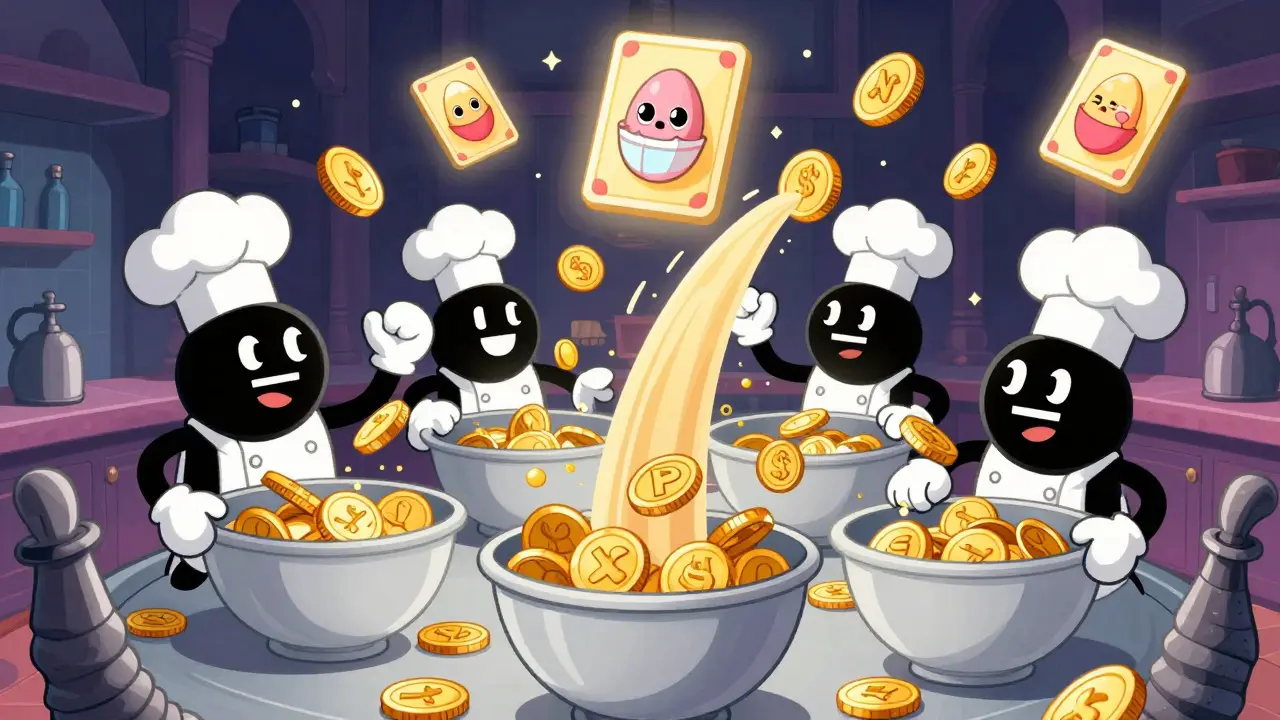 Cartoon chefs mixing coins in bowls while floating NFT eggs and combo packs hover above.