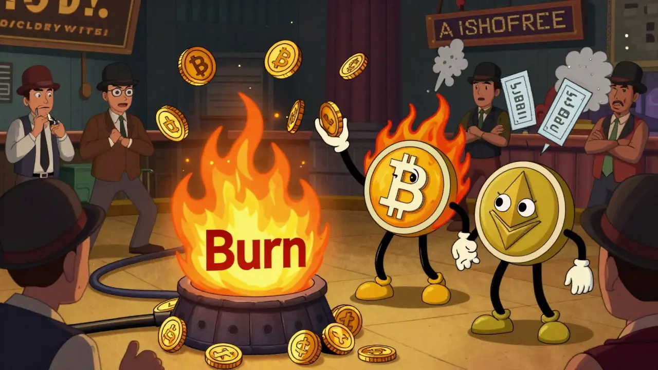 Cartoon crypto tokens burning coins in a furnace amidst a chaotic market scene