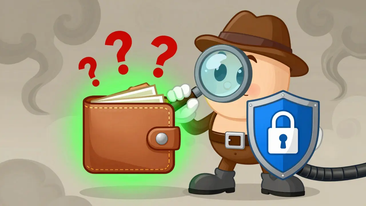 Cartoon detective inspecting a glowing crypto wallet with warning signs