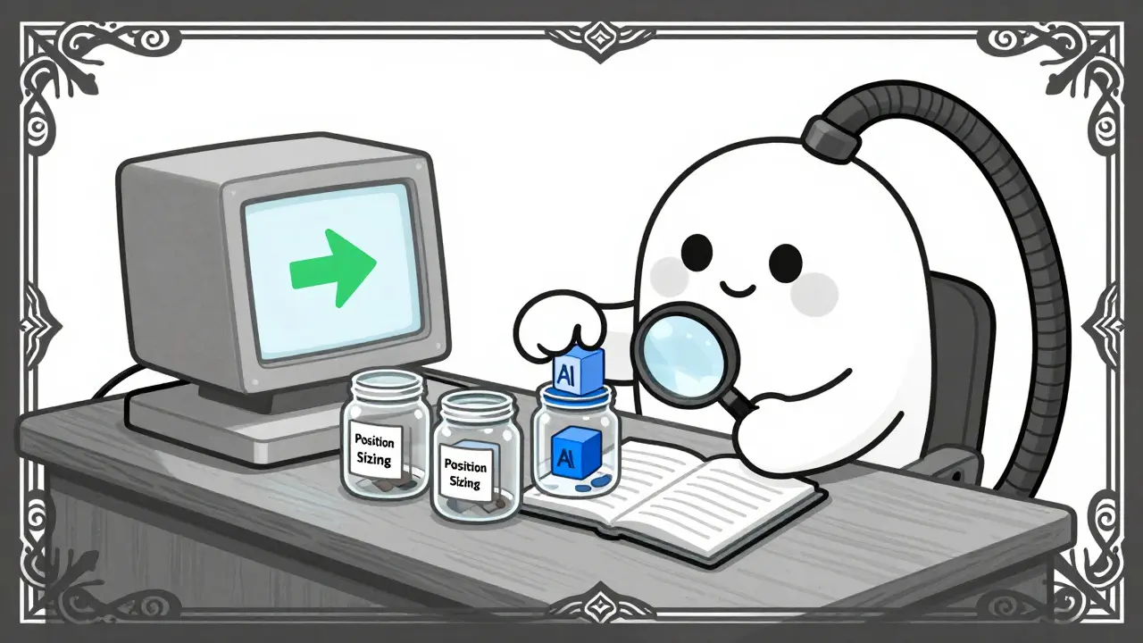Cartoon figure organizing coins into jars next to an old computer terminal