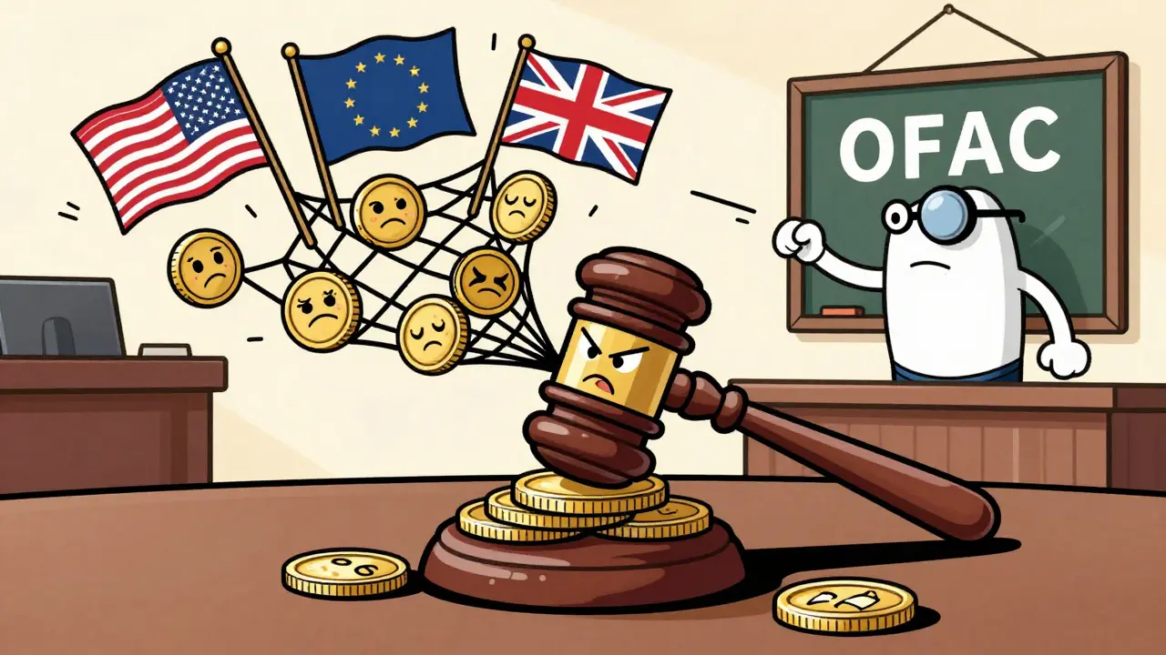 Cartoon gavel slamming on sad-faced crypto coins under international regulatory flags