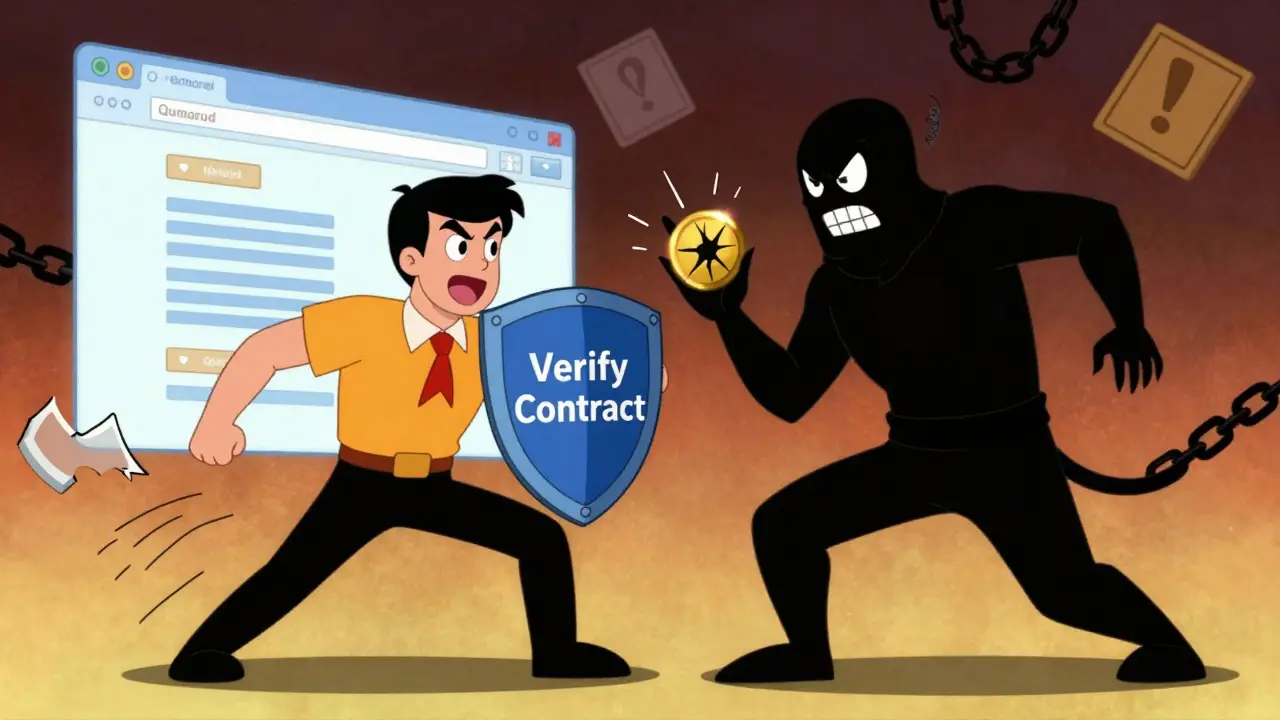 Cartoon hero blocking a shady scammer trying to steal crypto tokens in a dynamic scene.