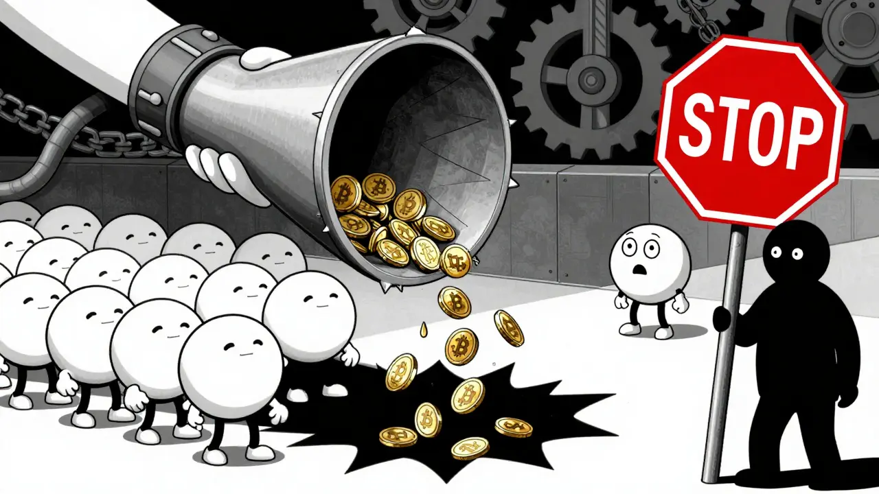 Cartoon miners feeding coins into a government-controlled pool with frozen payouts