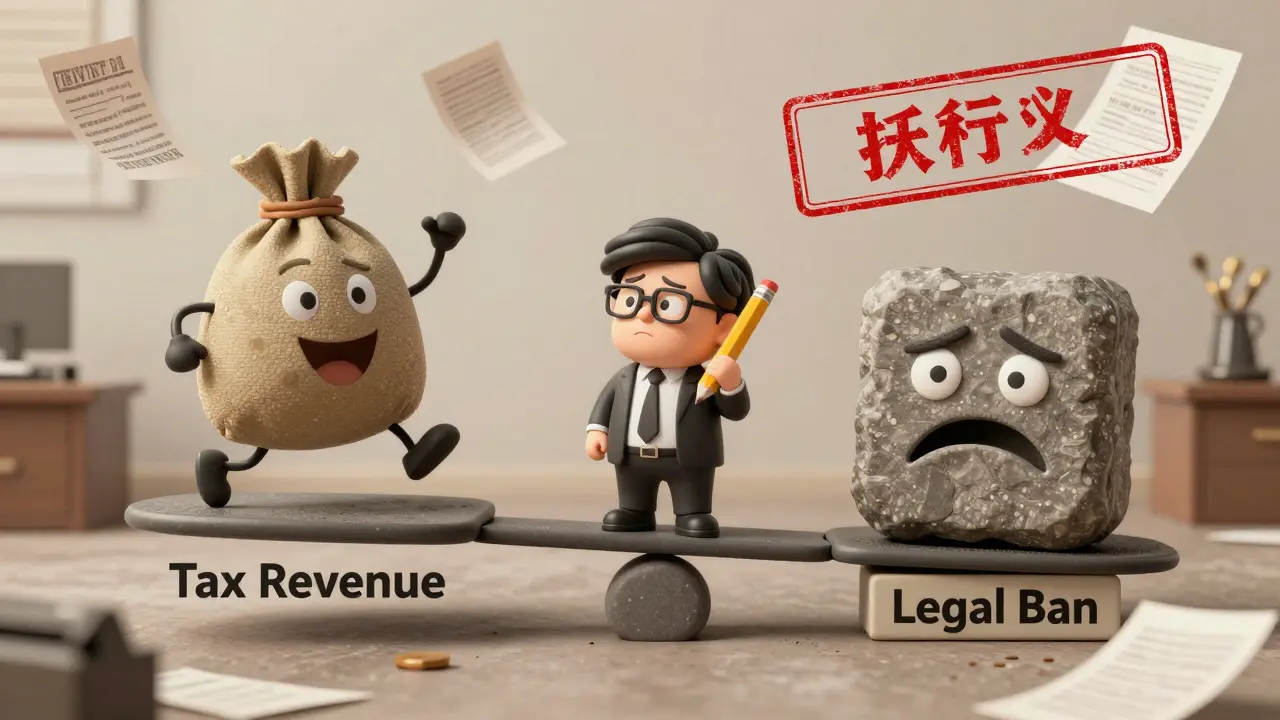 Cartoon scale balancing tax revenue against legal bans
