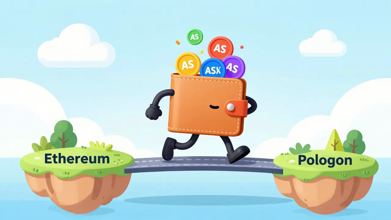 Cartoon wallet running between Ethereum and Polygon islands with ASK tokens.