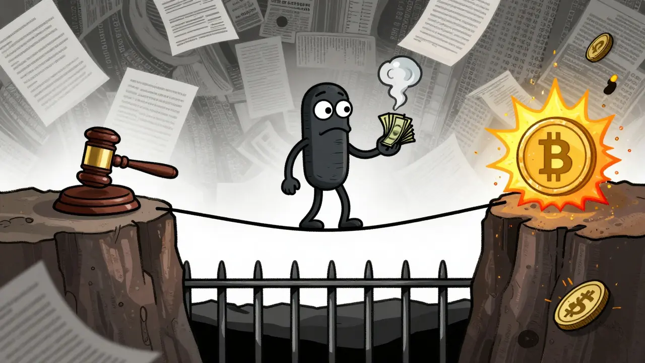 Character balancing on tightrope between law and crypto