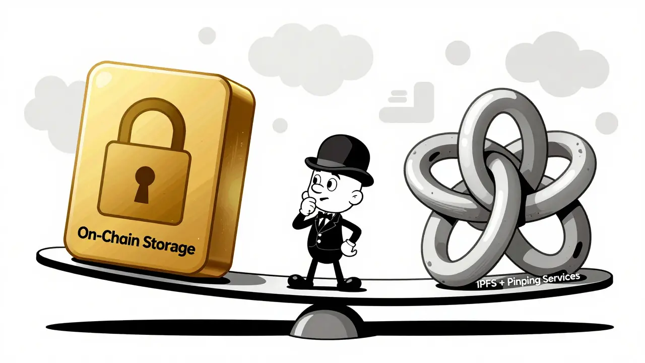Character weighing on-chain storage against IPFS pinning services in balance.