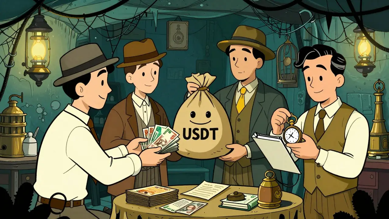 Characters trading cash for USDT bags in secret market