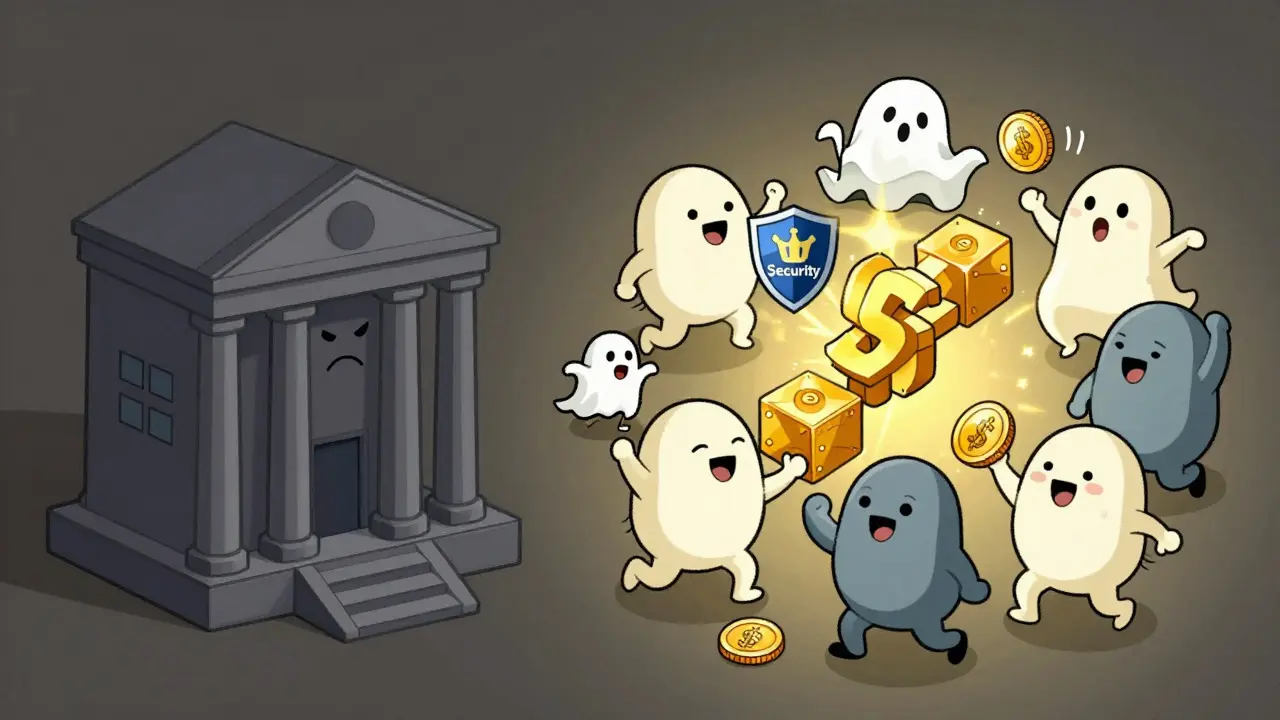 Cheerful computer nodes dancing around a blockchain, defending against a double-spending ghost.