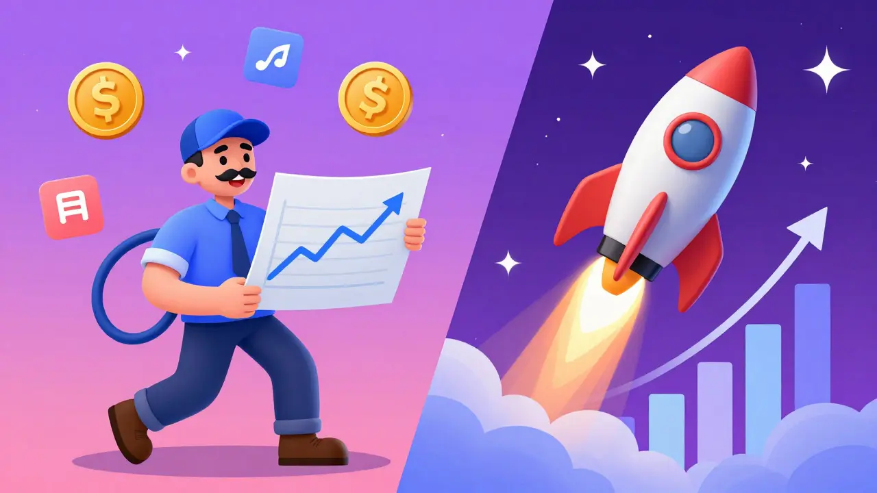 Cheerful trader and rocket ship symbolizing crypto growth