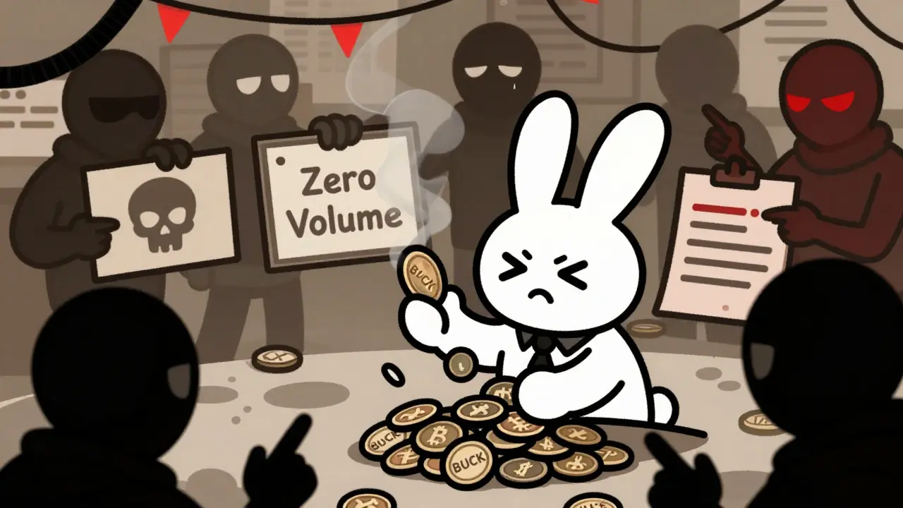 Confused rabbit losing BUCK tokens to shadowy figures in vintage cartoon style